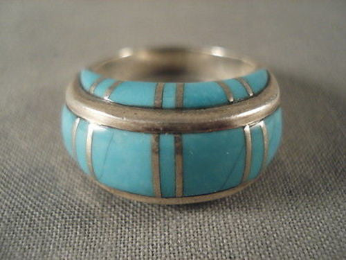 *ADVANDED INLAY WORK* VINTAGE NAVAJO TURQUOISE SILVER RING OLD VTG STERLING