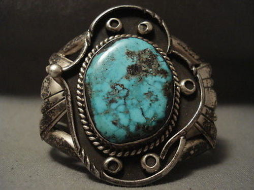 EARLIER 1900'S VINTAGE NAVAJO CROW SPRINGS TURQUOISE SILVER BRACELET OLD