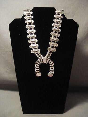 PINK SHELL FABULOUS VINTAGE NAVAJO SILVER SQUASH BLOSSOM NECKLACE