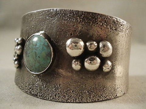 MUSEUM VINTAGE NAVAJO ""SEA OF RAIN"" GREEN TURQUOISE SILVER TUFA BRACELET