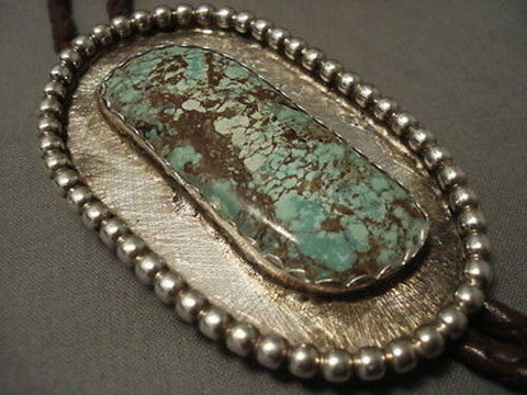 BIG BIG BIG VINTAGE NAVAJO ""NATURAL NEVADA GREEN TURQUOISE"" SILVER BOLO TIE