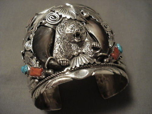 3 INCH WIDE VINTAGE NAVAJO BEAR SILVER FOREST BRACELET- 201 GRAMS