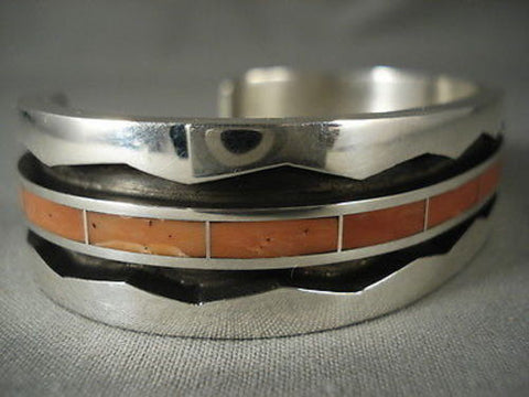 IMPORTANT MODERNISTIC ZUNI CORAL SILVER WAVE 94 GRAM BRACELET
