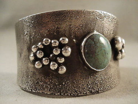 MUSEUM VINTAGE NAVAJO ""SEA OF RAIN"" GREEN TURQUOISE SILVER TUFA BRACELET