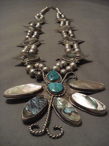 ONE OF THE MOST UNIQUE VINTAGE NAVAJO TURQUOISE SILVER SQUASH BLOSSOM NECKLACE