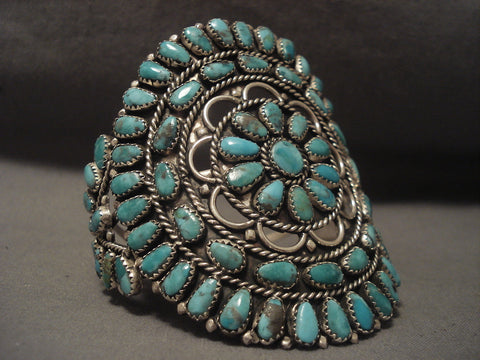 Cute Vintage Zuni/ Navajo turquoise Flower Silver Bracelet Old Vtg