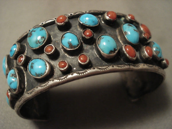 Early High Grade Domed Bisbee Turquoise Silver Coral Bracelet Old