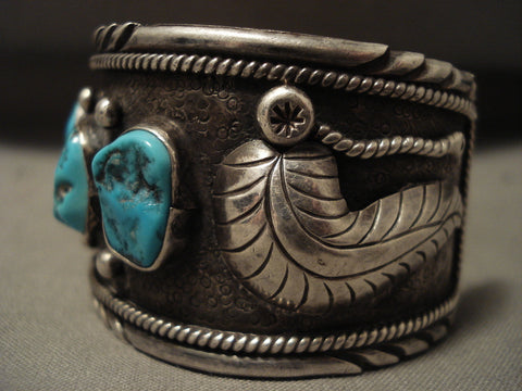 Huge Vintage Navajo Old Kinmgan Turquoise Silver Bracelet