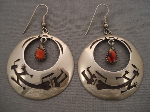 Important Cultural 'Yei' Vintage Navajo Coral Silver Earrings Old