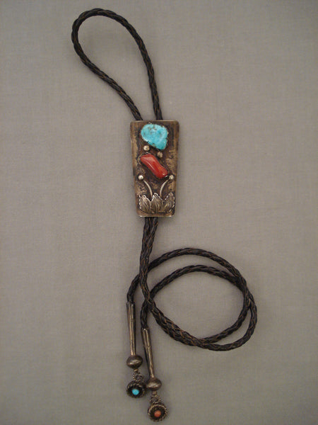 Huge Vintage Navajo Turquoise Coral Silver Bolo Tie