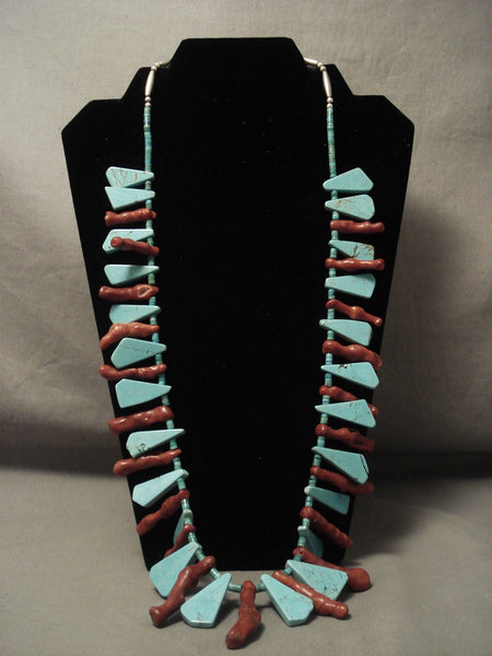 Fabulous Vintage Navajo Triangular Turquoise & Coral Silver Necklace Old