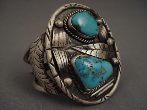 Huge And Heavy Old Navajo Natural Turquoise Silver Bracelet Vintage Vtg