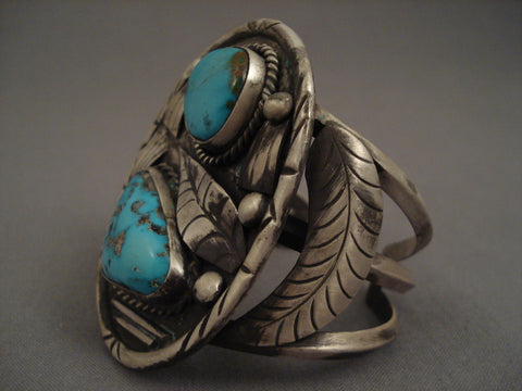 Huge And Heavy Old Navajo Natural Turquoise Silver Bracelet Vintage Vtg
