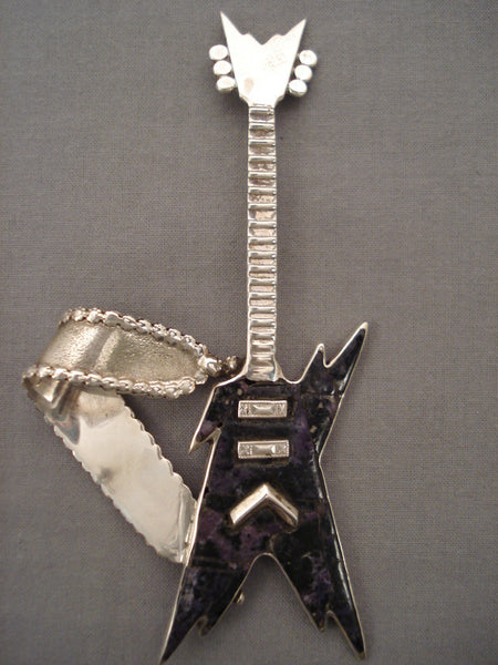 Huge Navajo Charoite Cokmpletely Handmade Guitar Silver Pendant