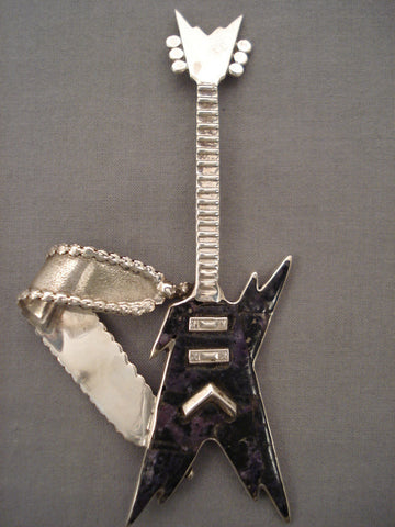Huge Navajo Charoite Cokmpletely Handmade Guitar Silver Pendant