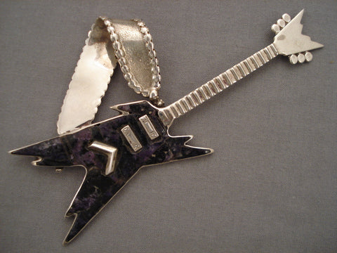 Huge Navajo Charoite Cokmpletely Handmade Guitar Silver Pendant