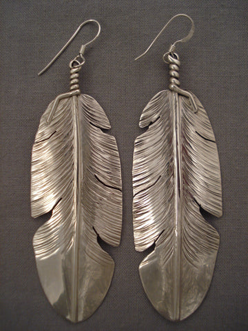 Incredibly Unique Navajo Hand Carved Silver Feather Earrings