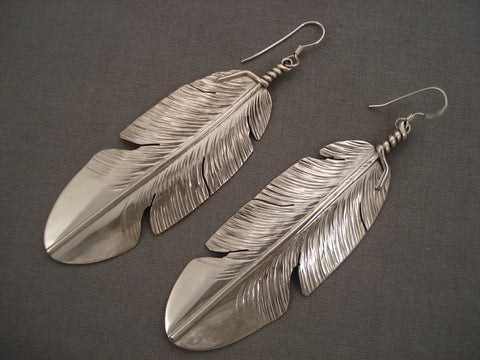 Incredibly Unique Navajo Hand Carved Silver Feather Earrings