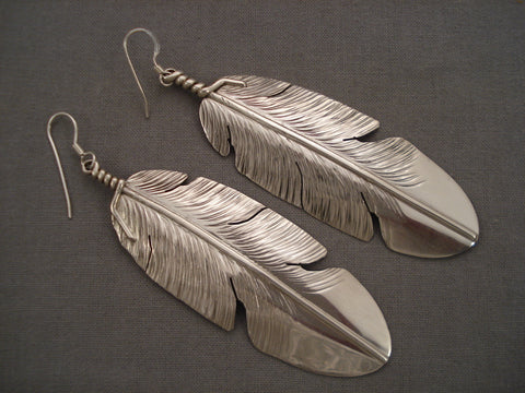 Incredibly Unique Navajo Hand Carved Silver Feather Earrings