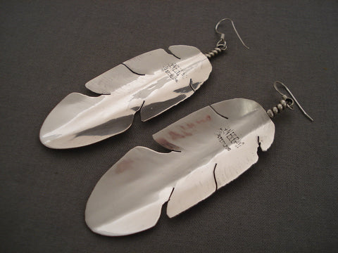 Incredibly Unique Navajo Hand Carved Silver Feather Earrings