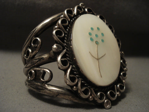 Beautiful Huge Vintage Navajo Turquoise Flower Silver Bracelet Old