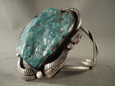 Turquoise Chunk Old Vintage Navajo Huge Sterling Silver Bracelet