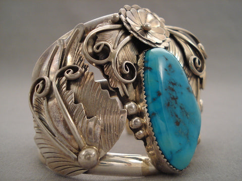 Huge Navajo 'Leaf Love' Intense Turquoise Silver Bracelet