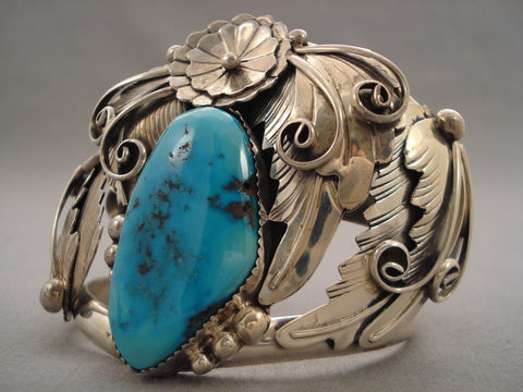 Huge Navajo 'Leaf Love' Intense Turquoise Silver Bracelet