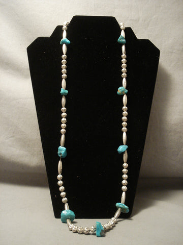 Early 1900's Prime Vintage Navajo Hogan Bead Silver Turquoise Necklace Old