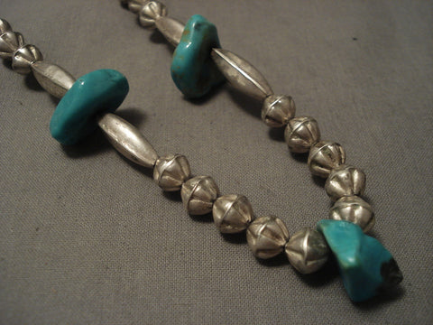 Early 1900's Prime Vintage Navajo Hogan Bead Silver Turquoise Necklace Old