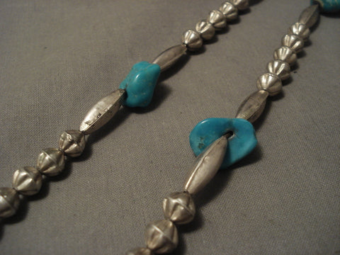 Early 1900's Prime Vintage Navajo Hogan Bead Silver Turquoise Necklace Old