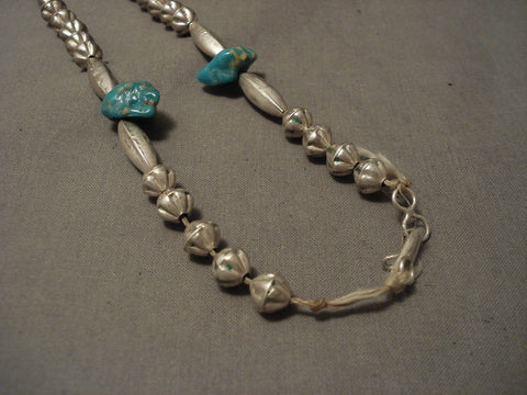 Early 1900's Prime Vintage Navajo Hogan Bead Silver Turquoise Necklace Old