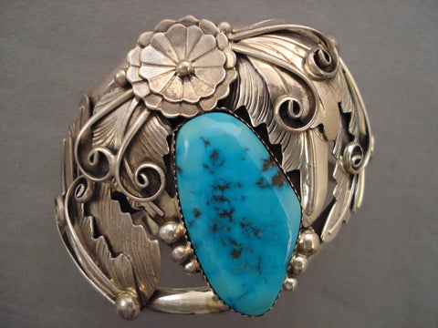 Huge Navajo 'Leaf Love' Intense Turquoise Silver Bracelet
