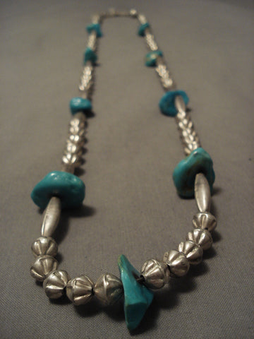 Early 1900's Prime Vintage Navajo Hogan Bead Silver Turquoise Necklace Old