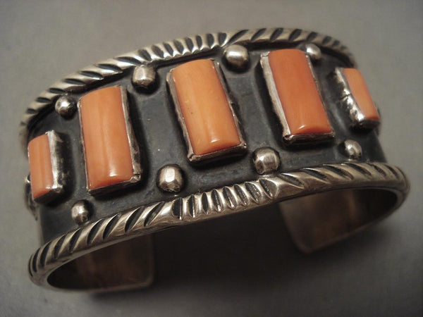 Very Old Vintage Navajo Squared Coral Wide Silver Bracelet