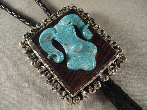 Very Rare Vintage Taos Turquoise Silver Bolo Tie Old Vtg