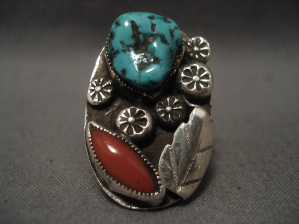 Important Vintage Zuni Dan Simplicio Turquoise Coral Silver Ring