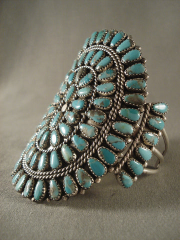 Mind Blowing Vintage Navajo Turquoise Drop Silver Bracelet Vtg Old