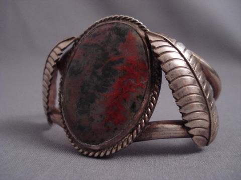 Huge Vintage Navajo Domed Petrified Wod Silver Bracelet