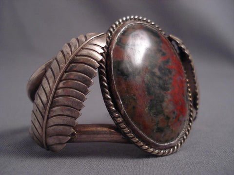 Huge Vintage Navajo Domed Petrified Wod Silver Bracelet