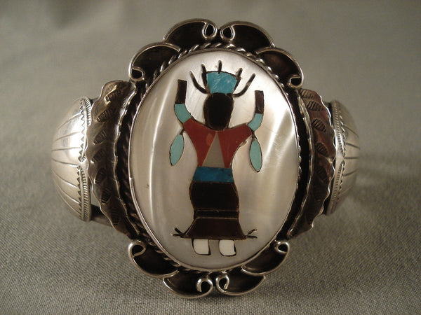 Dancing Kachina Huge Vintage Zuni Turquoise Silver Bracelet Old Vtg Sterling