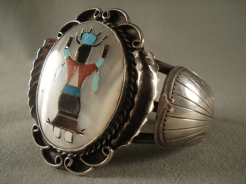 Dancing Kachina Huge Vintage Zuni Turquoise Silver Bracelet Old Vtg Sterling