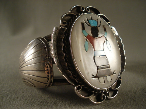 Dancing Kachina Huge Vintage Zuni Turquoise Silver Bracelet Old Vtg Sterling