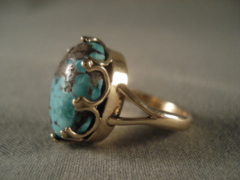 Crazy Vintage Navajo Solid Gold Bisbee Turquoise Ring Old Vtg