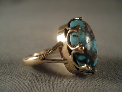 Crazy Vintage Navajo Solid Gold Bisbee Turquoise Ring Old Vtg