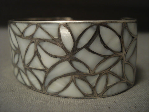 Earlier 1900's Vintage Zuni Mother Of Pearl Silver Bracelet Old