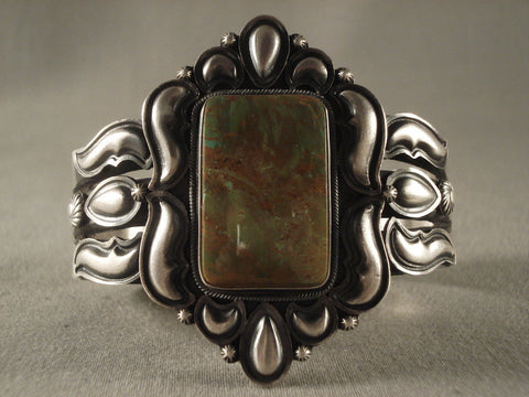 Museum Vintage Navajo squared Green Turquoise Silver Bracelet Vtg Sterling