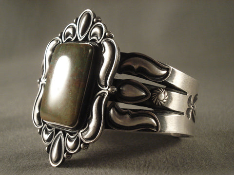 Museum Vintage Navajo squared Green Turquoise Silver Bracelet Vtg Sterling