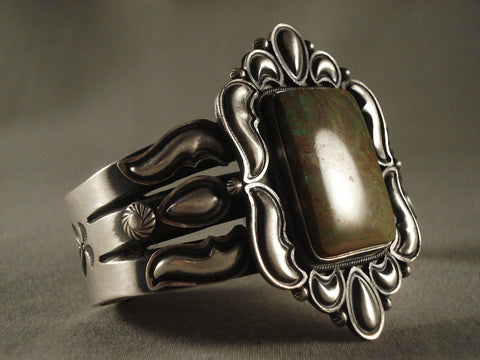 Museum Vintage Navajo squared Green Turquoise Silver Bracelet Vtg Sterling