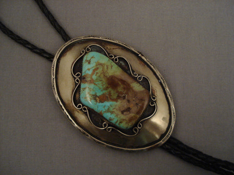 Colossal Old Navajo Vintage Green Turquoise Silver Bolo Tie Vtg